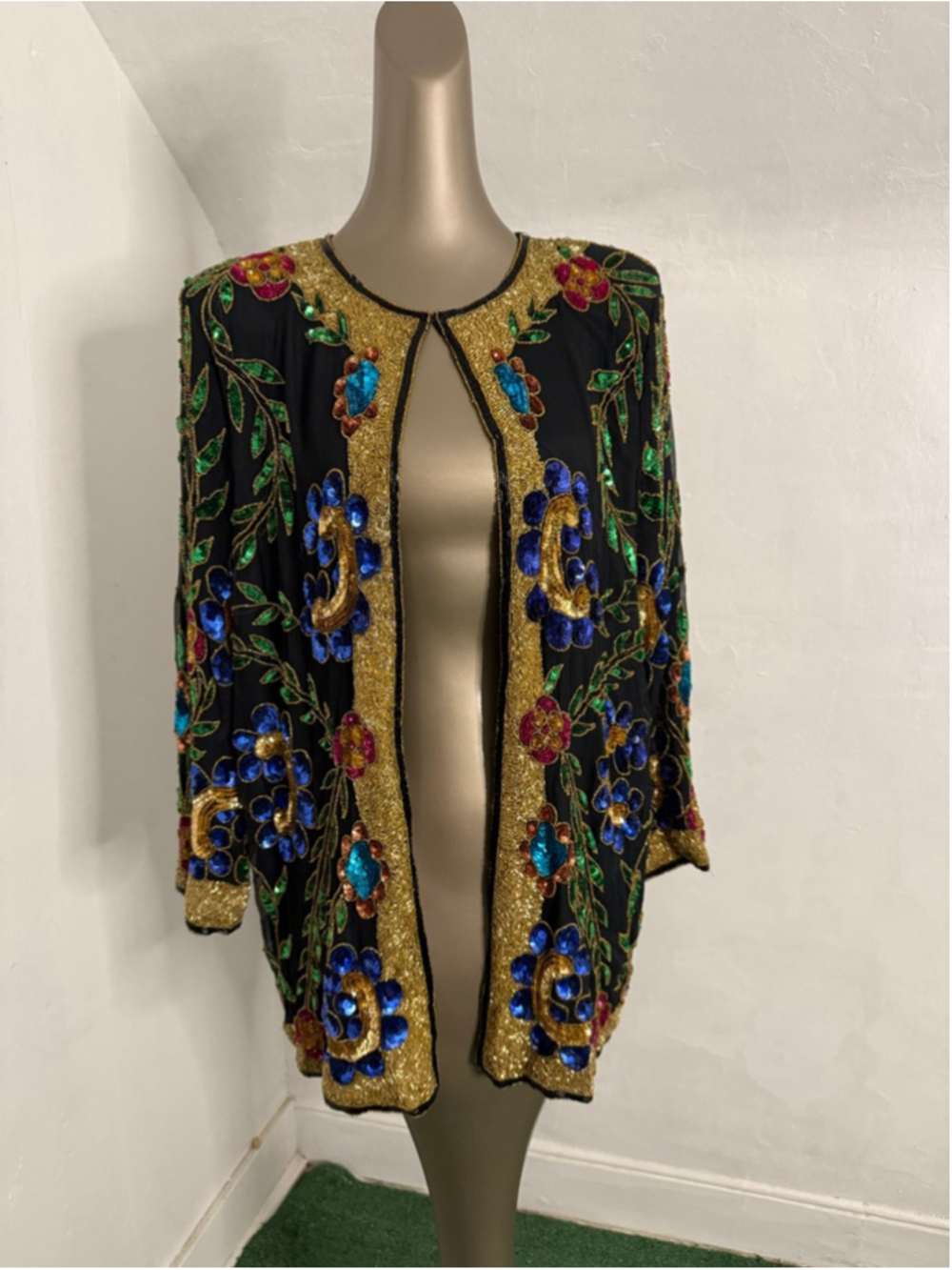 Vintage Temptations Silk Beaded Sequin Jacket Floral Gold India Women’s L XL